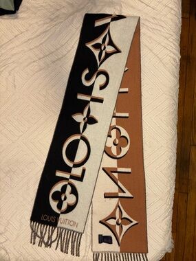 Louis Vuitton Cream, Brown and Black Monogram Shawl W/ Orange LV box